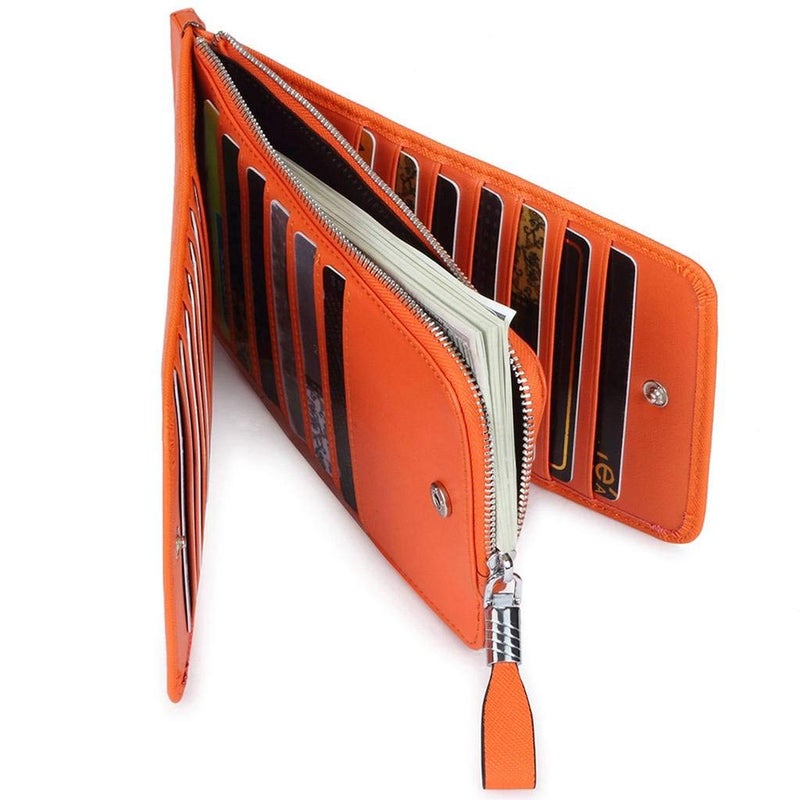 Huztencor Women's Credit Card Holder RFID Blocking Leather Multi Card Organizer Wallet Slim Long Zipper Bi-fold Business Card Case Clutch Wallet with ID Window Orange (FBA) - Image 4